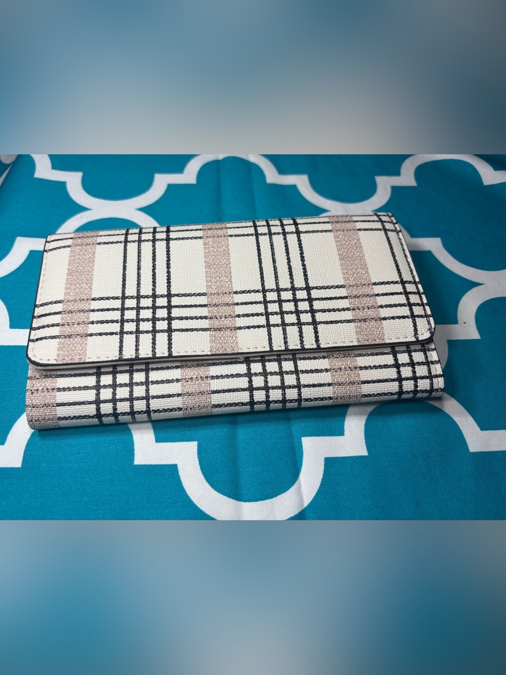 New Boho Plaid Fold-Over Wallet Clutch in Cream and Rose Gold RFID Blocking
